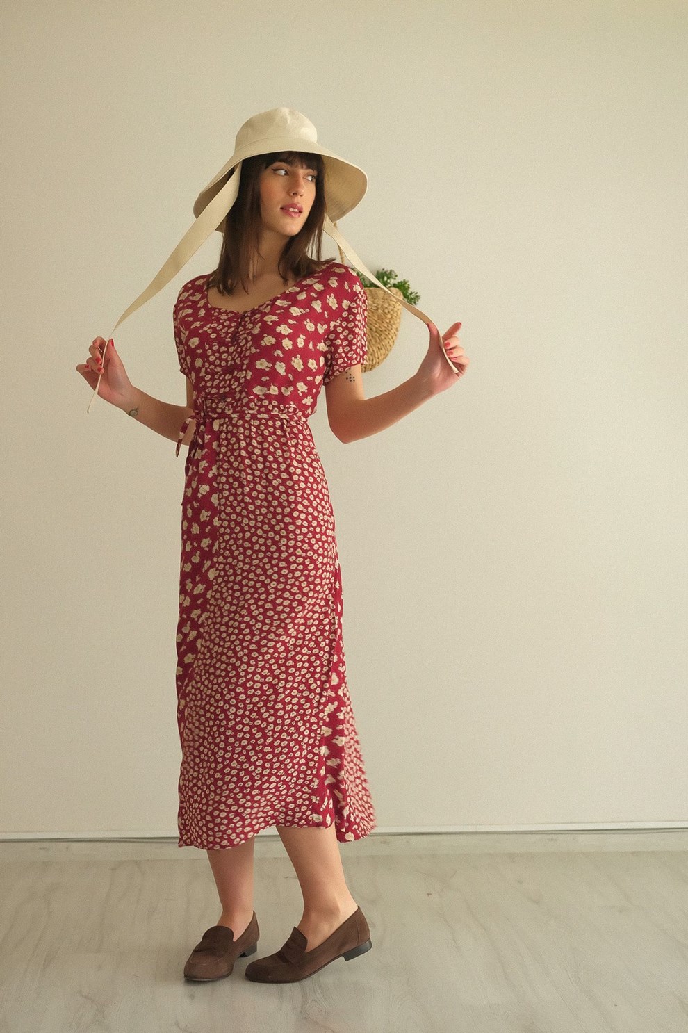 Kırmızı Floral 90lar Elbise