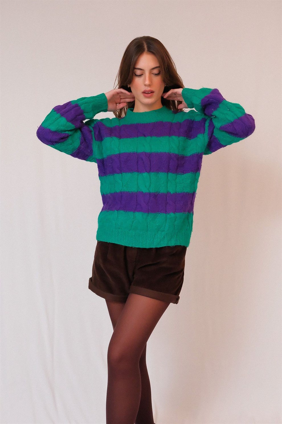 Mor Çizgili Yün Kazak