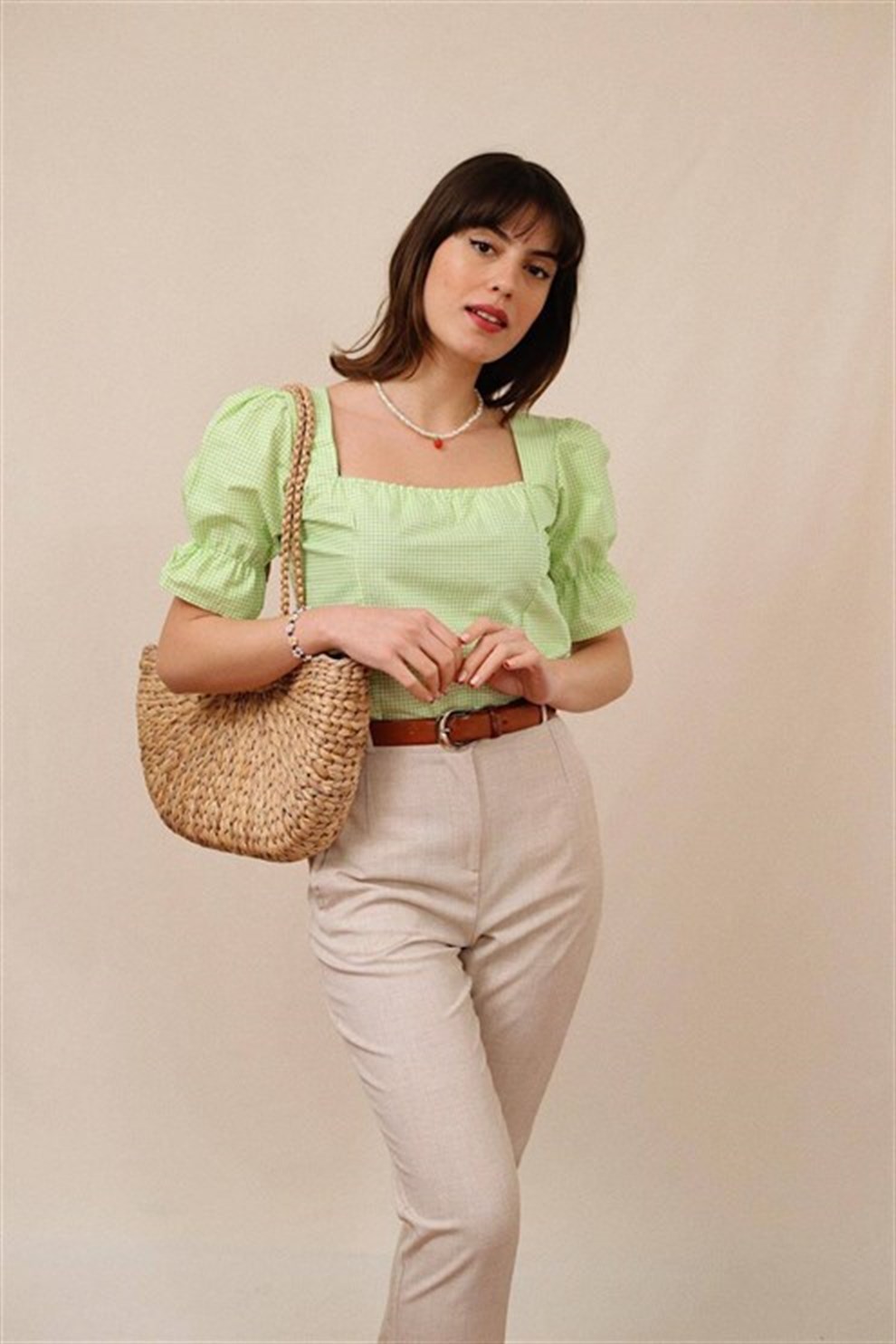 Yeşil Pöti Kareli Clementine Bluz