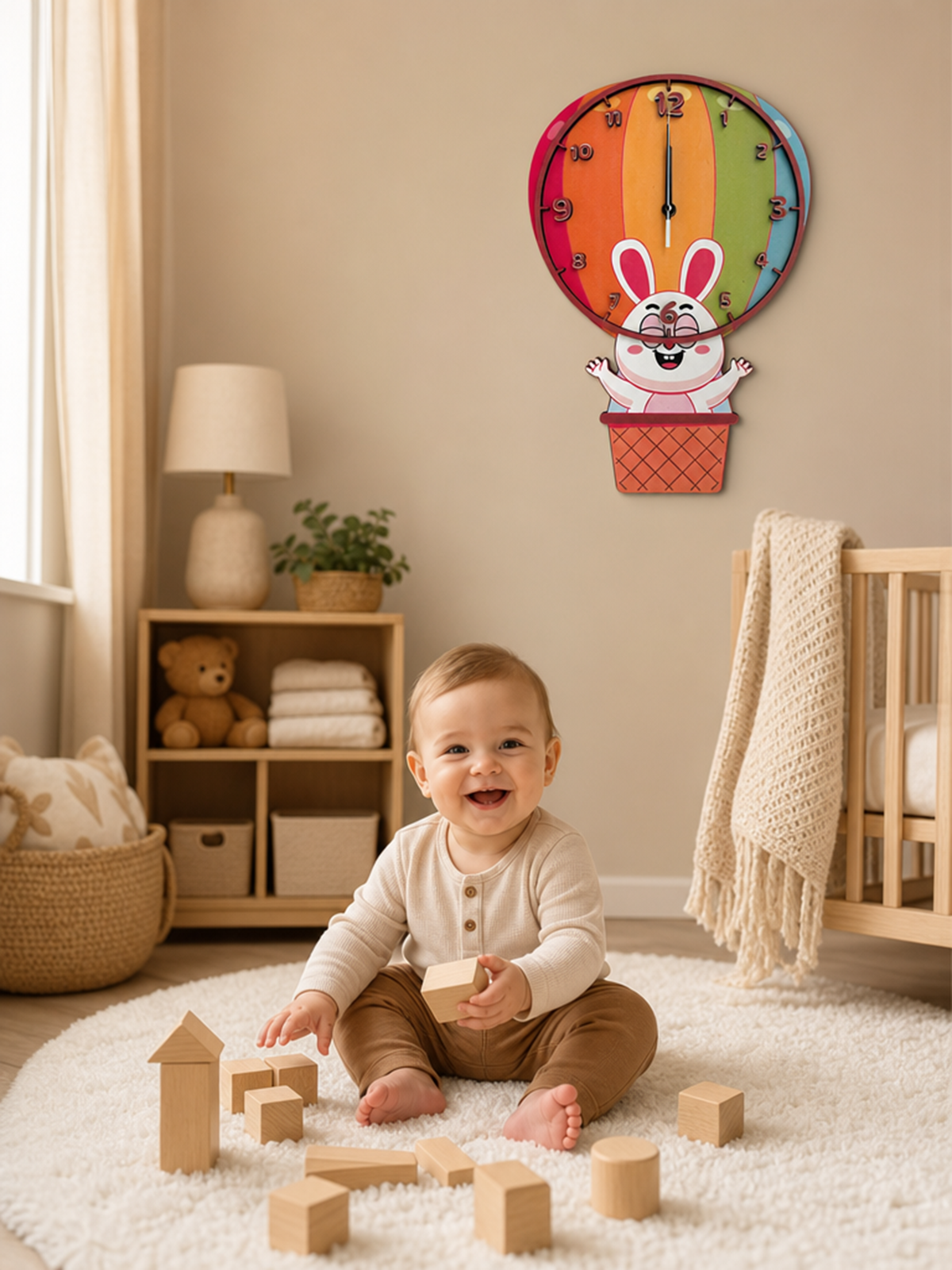 Bunny Balloon Tavşan Temalı Ahşap Duvar Saati