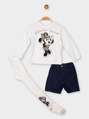 Minnie Mouse Lisanslı Kız Çocuk Uzun Kollu Tshirt Şort ve Külotlu Çorap 3'lü Takım 20993