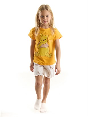 Winnie The Pooh Lisanslı Kız Çocuk Tişört ve Şortlu Pijama Takımı 20966