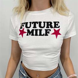 Beyaz Baskılı Kadın Future Milf Crop T-shirt Bluz