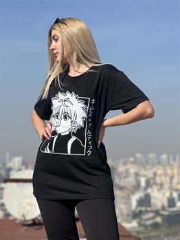 Siyah Geniş Kalıp Hunter X Hunter Killua Baskılı Unisex Anime T-shirt
