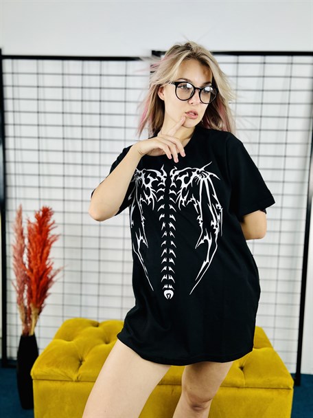  Siyah Renk Harajuku Iskelet Baskılı Tarz Büyük Baskılı Unisex T-shirt