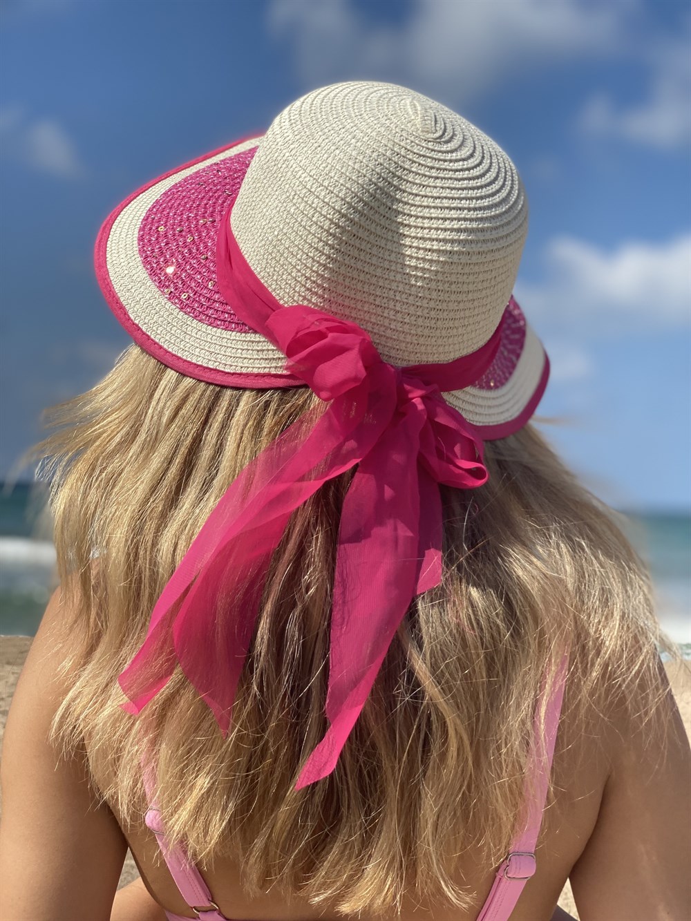 Kadın Hasır Plaj Şapkası Fuşya Beyaz