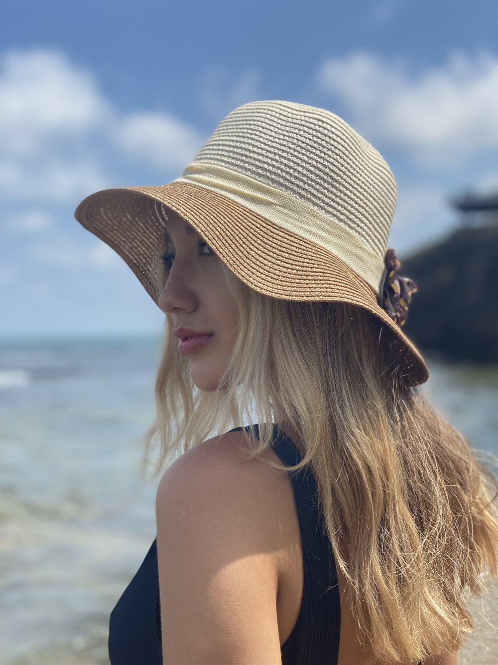 Kadın Hasır Plaj Şapkası Hasır Krem