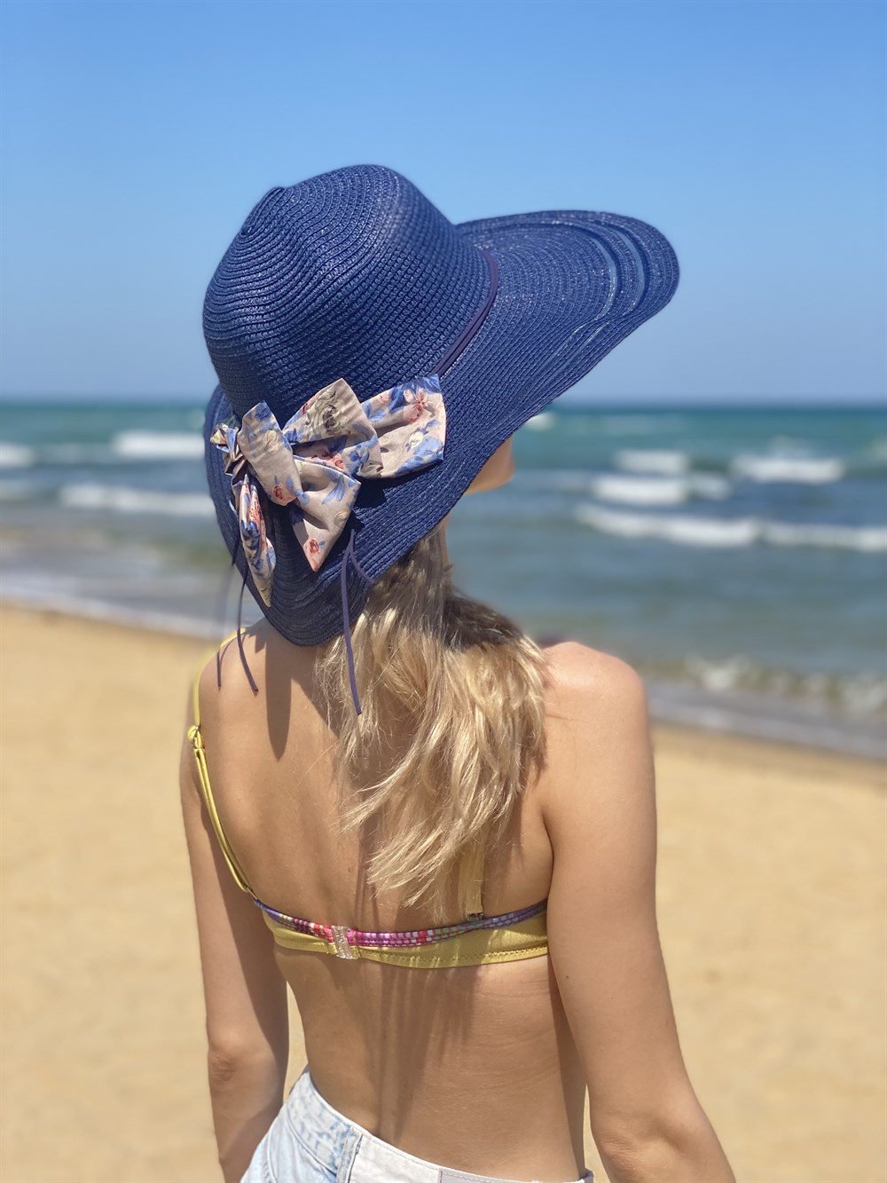 Kadın Lacivert Hasır Plaj Şapkası