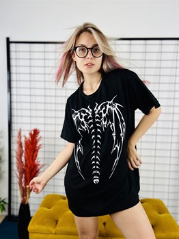  Siyah Renk Harajuku Iskelet Baskılı Tarz Büyük Baskılı Unisex T-shirt