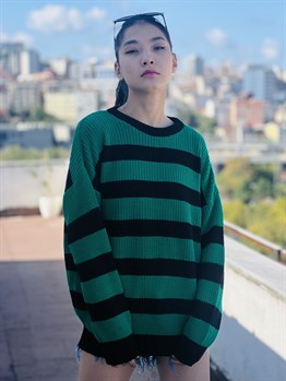 Çizgili Streetwear Oversize Unisex Kazak