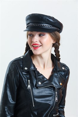 Hakiki Deri Siyah Renk Zincir Detaylı Baretta Şapka