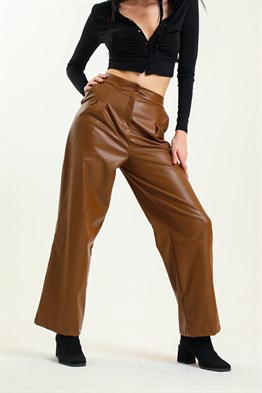 Kadın Kahverengi Geniş Paçalı Deri Pantolon 