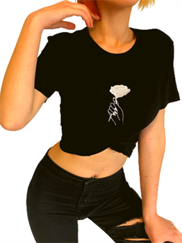 Kadın Siyah Nakışlı Crop T-shirt
