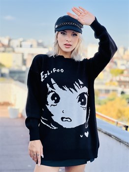 Unisex Siyah Gothic Anime Girl Oversize Kazak