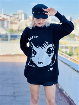 Unisex Siyah Gothic Anime Girl Oversize Kazak