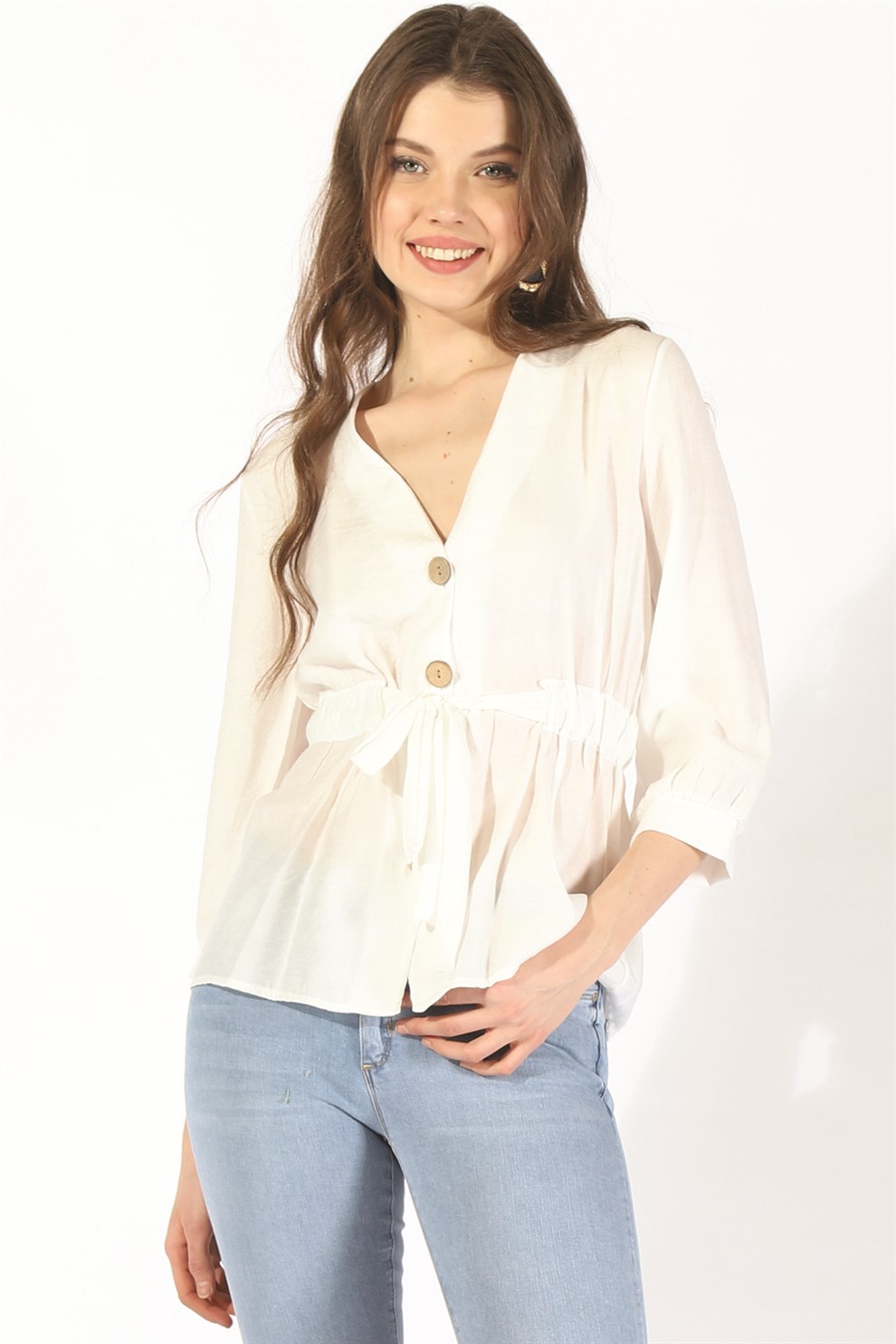Bayan Düğmeli Belden Bağlama Bluz 19078 BEYAZBayan Düğmeli Belden Bağlama Bluz 19078 BEYAZ