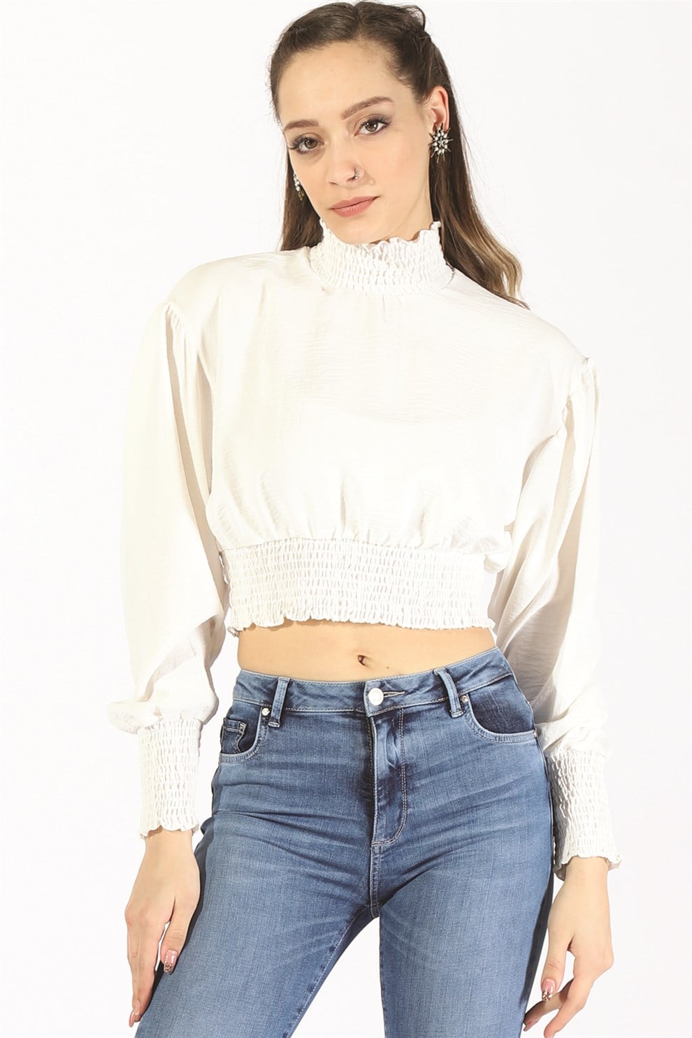 BBL Büzgülü Crop Bluz 6002 BEYAZBBL Büzgülü Crop Bluz 6002 BEYAZ