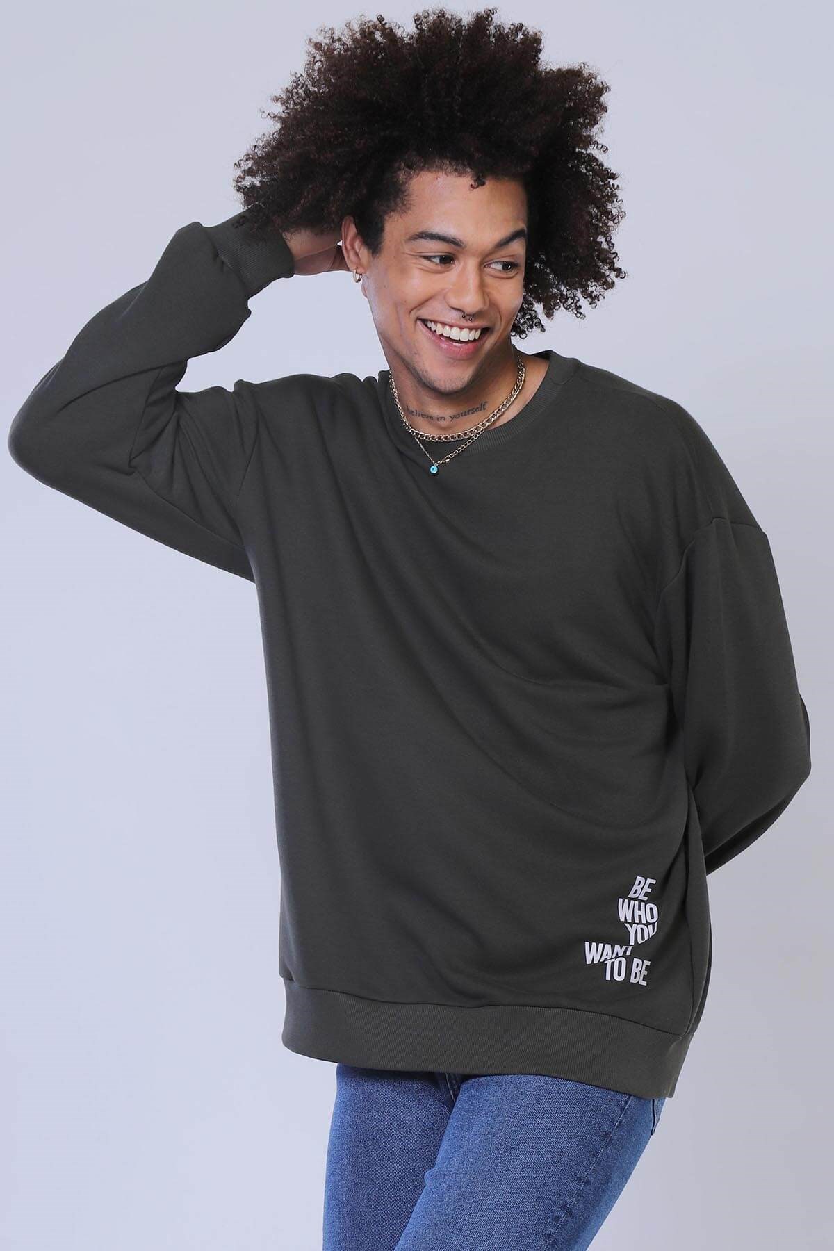 Erkek Oversize Sweatshirt Esw 1800 HAKİErkek Oversize Sweatshirt Esw 1800 HAKİ