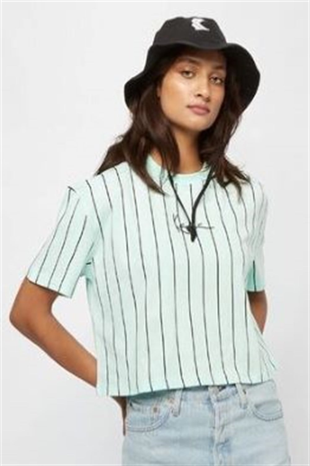 Çizgili Oversize Crop T shirt-Turkuaz