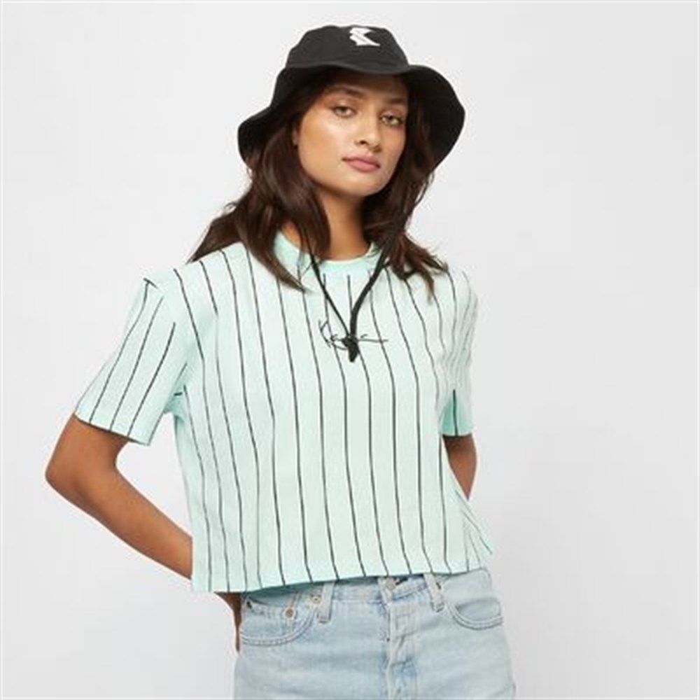 Çizgili Oversize Crop T shirt-Turkuaz