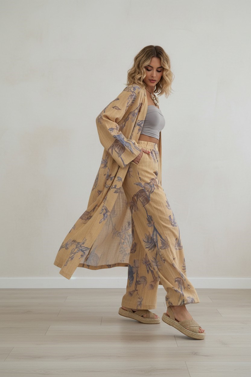 Desenli  Kimono Takım-Hardal