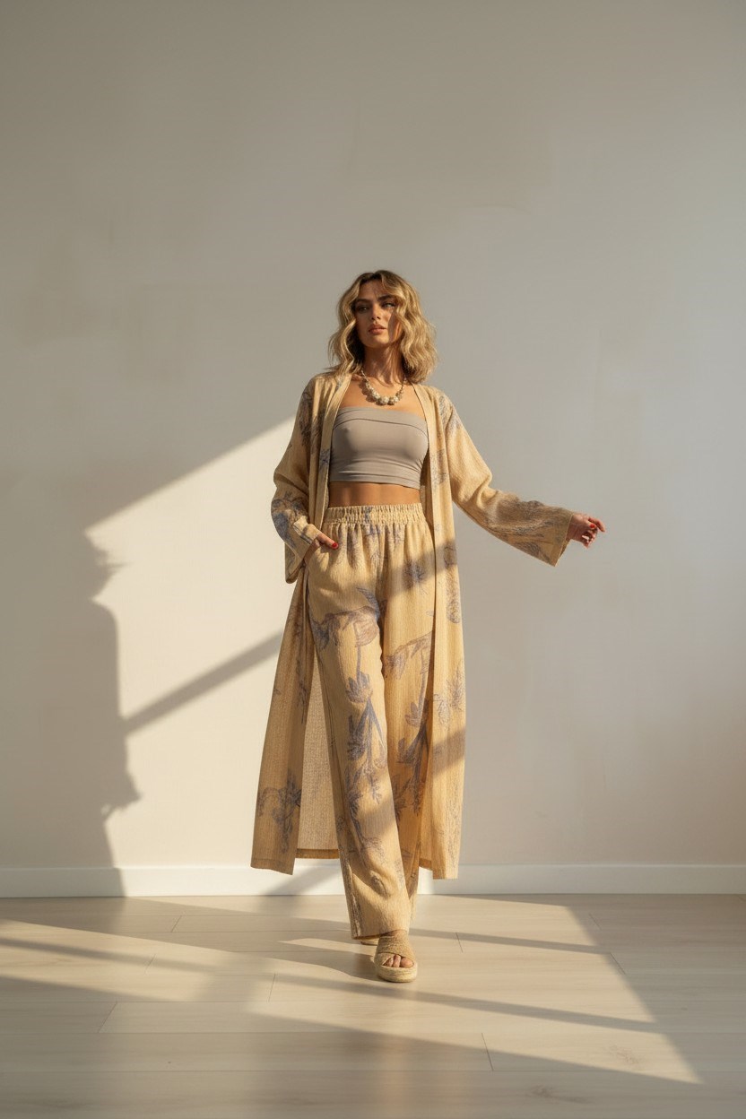Desenli  Kimono Takım-Hardal