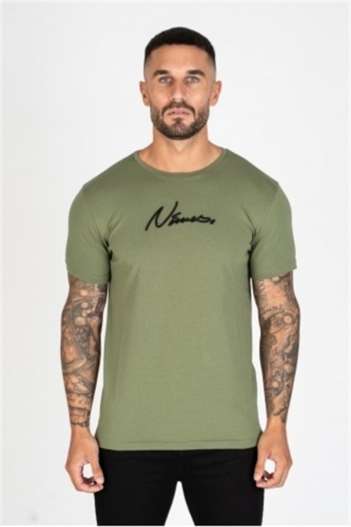 Göğsü Nakışlı T shirt-Haki