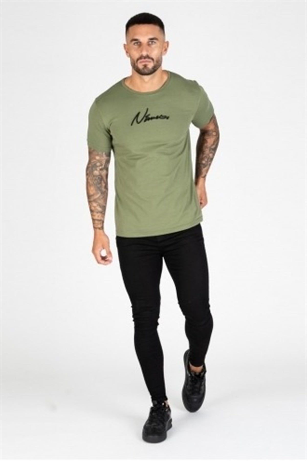 Göğsü Nakışlı T shirt-Haki