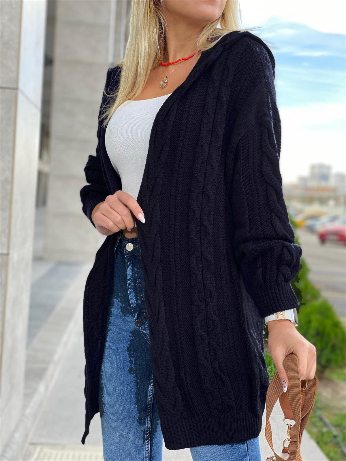 Kapişonlu Örme Triko Hırka-Siyah