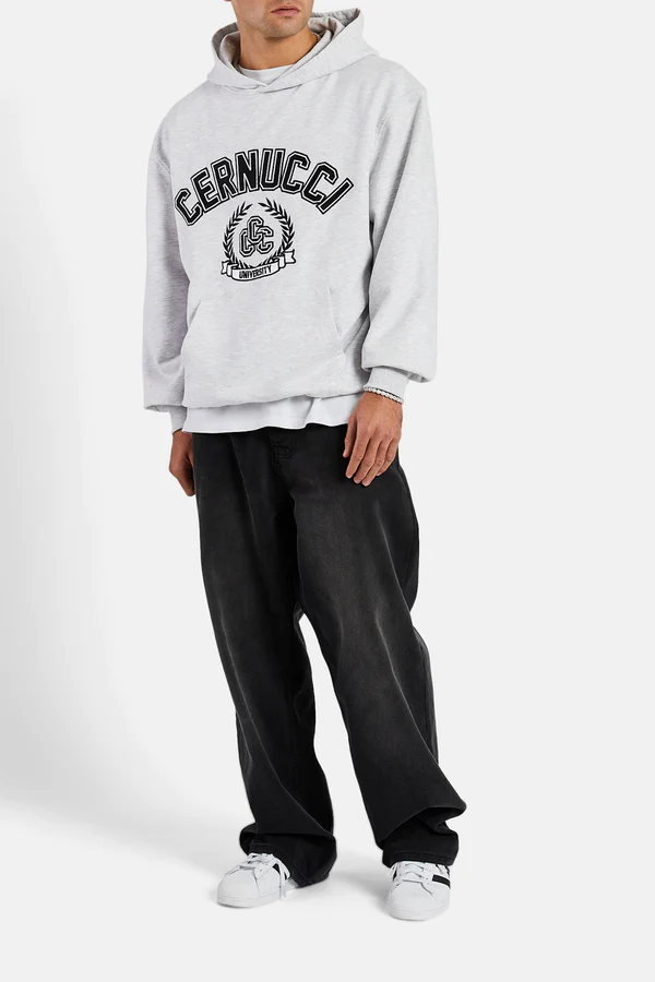 Kapşonlu Oversize Nakışlı Sweat-Gri