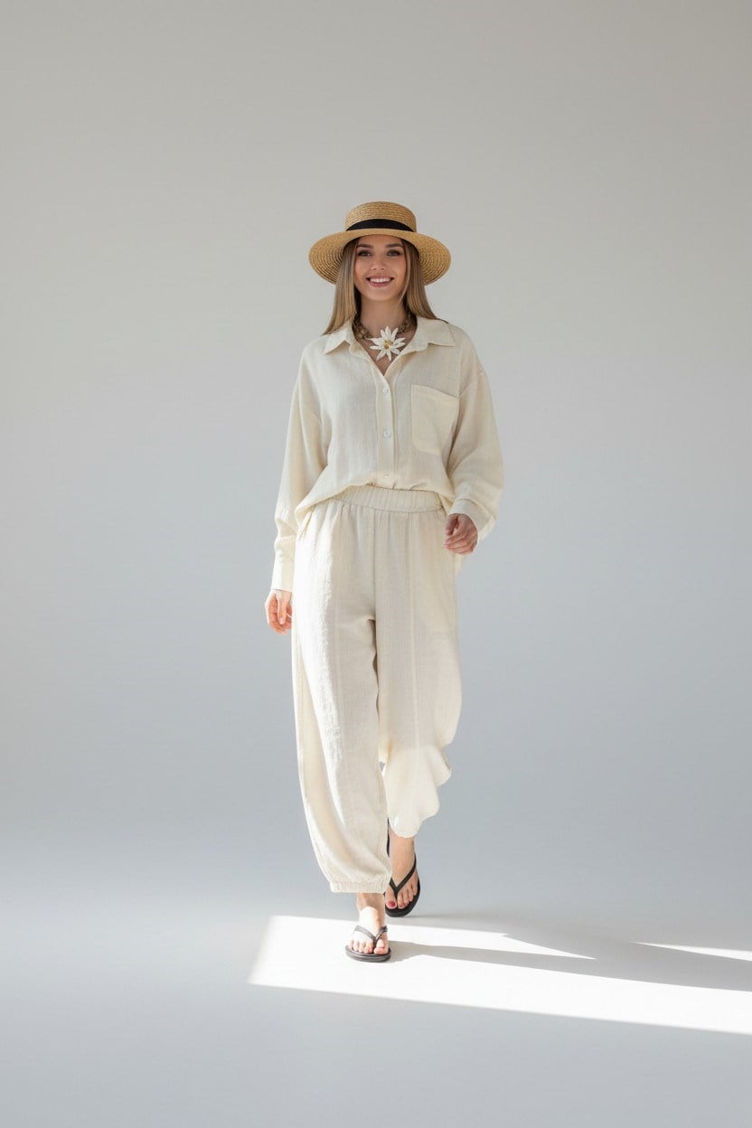 Keten Baggy Pantolon-Bej