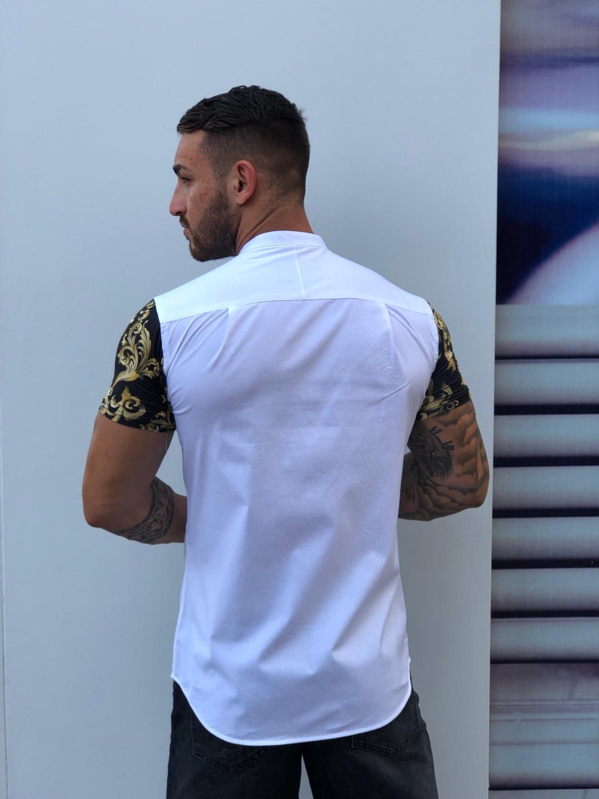 Kolları Gold Raglan HAkim Yaka  Gömlek S/S-Beyaz