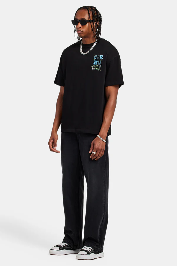 LETTER RHINESTONE OVERSIZED T-SHIRT-Siyah