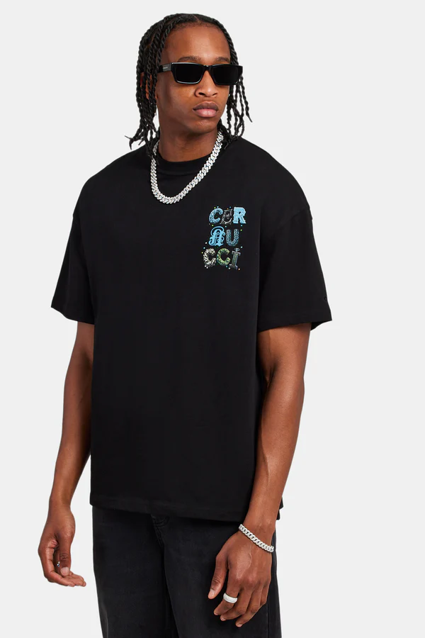 LETTER RHINESTONE OVERSIZED T-SHIRT-Siyah