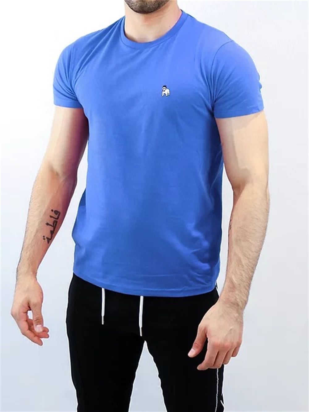 Logolu Basic T shirt-Saks Mavi