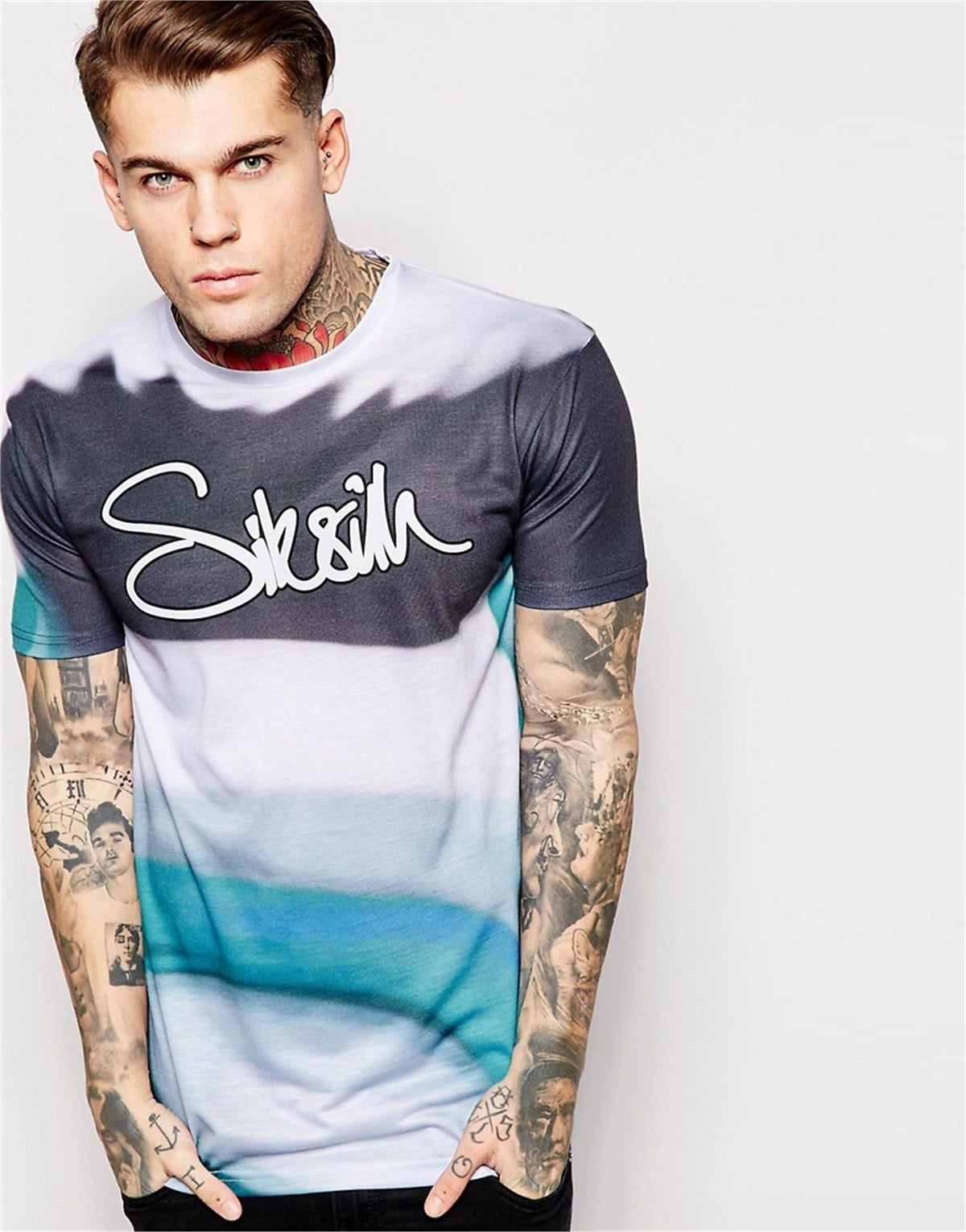 Multicolor Dalgalı T Shirt-Siyah-Turkuaz