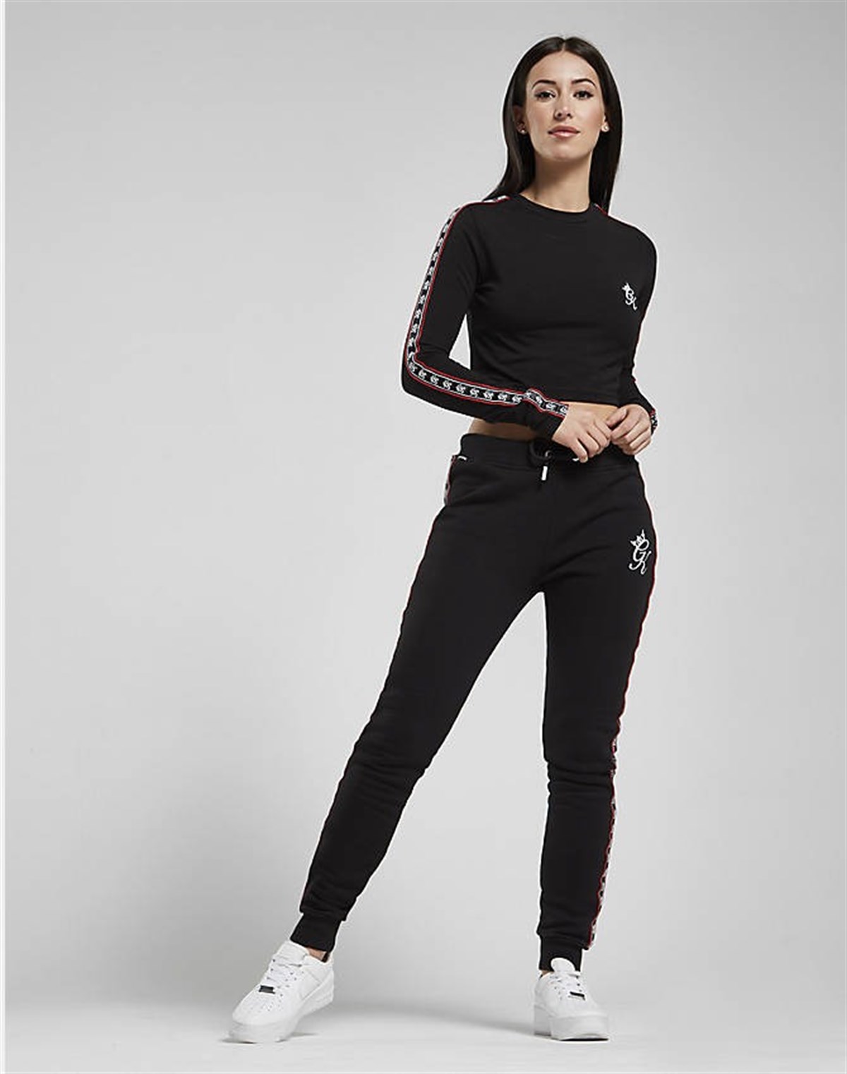 Omuzları Şeritli Crop Sweat-Siyah