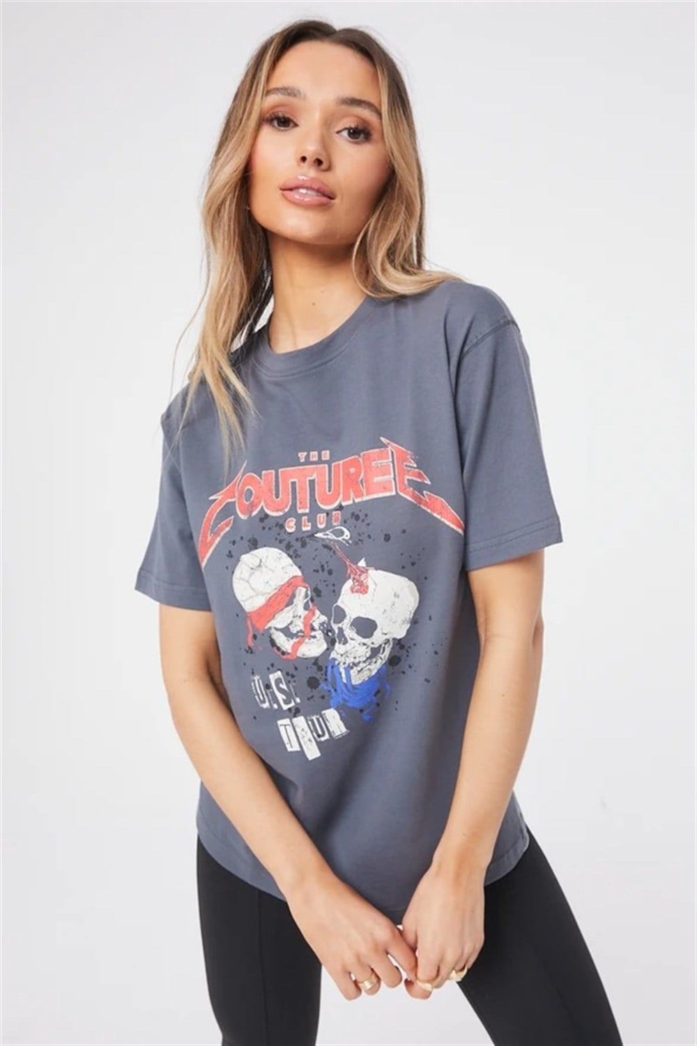 Oversize   Kurukafa Baskılı T shirt-İndigo Mavi