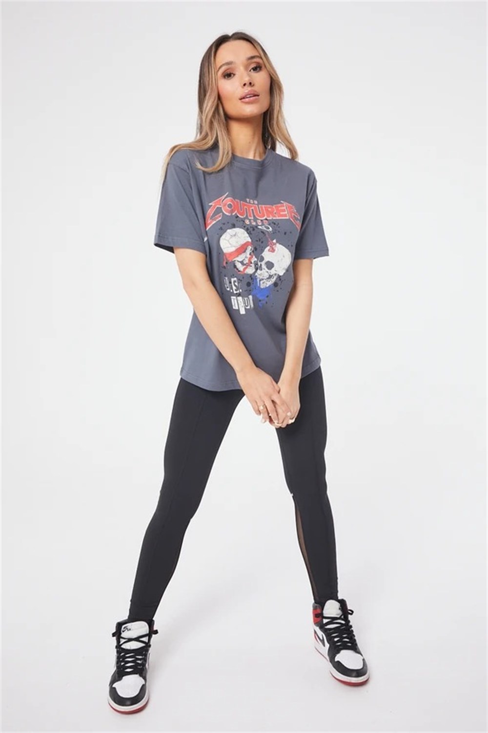 Oversize   Kurukafa Baskılı T shirt-İndigo Mavi