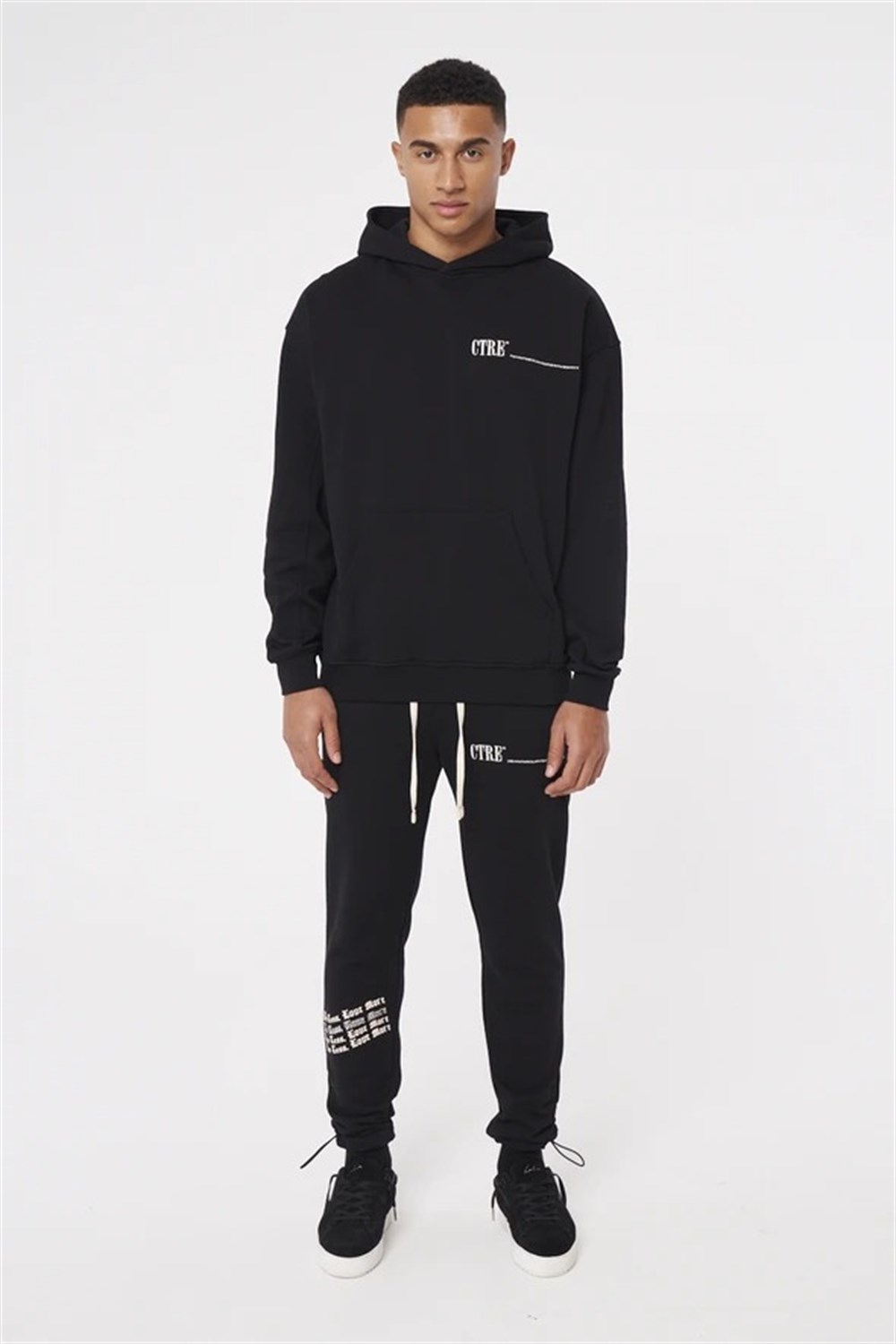 Oversize Arkası Nakışlı Kapişonlu  Sweat-Siyah