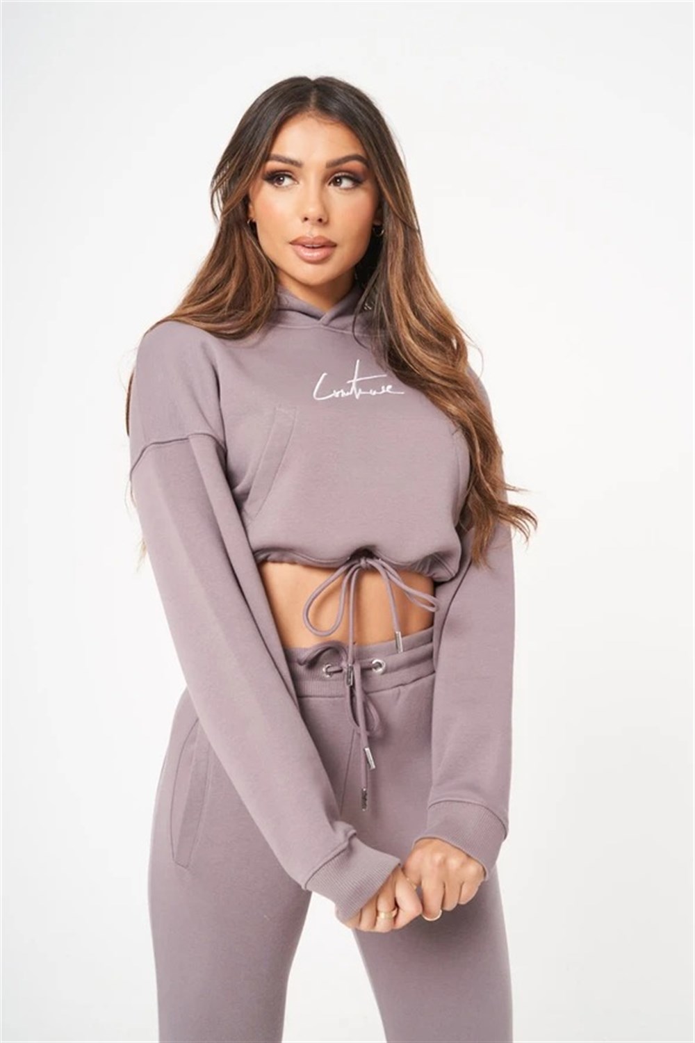 Oversize Cepli Kapişonlu Kısa Crop Sweat-Mor