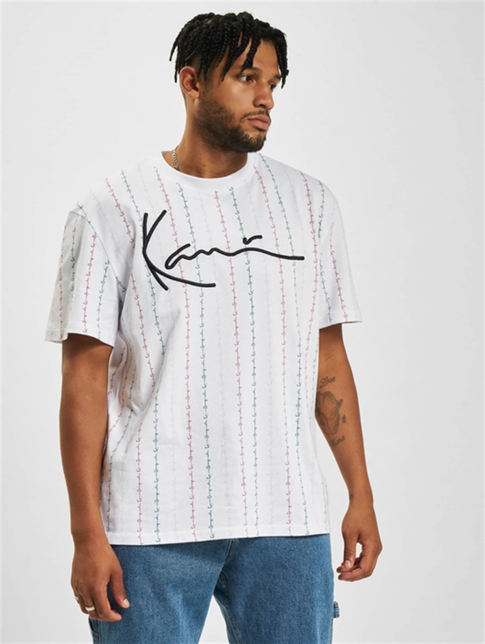 Oversize İmza Dikey İmza Cizgili T shirt-Beyaz