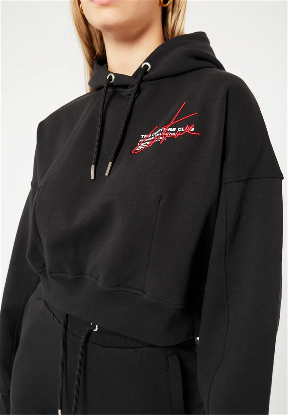 Oversize İmza Nakışlı Kısa Crop Sweat-Siyah-Kaplama