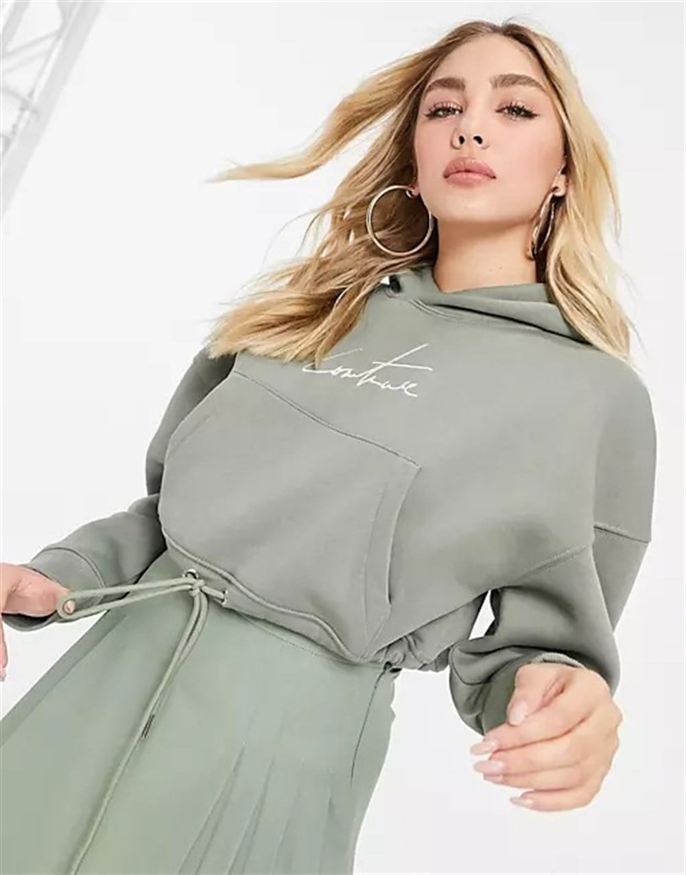 Oversize İmza Nakışlı logolu  Kısa Crop Sweat-Haki