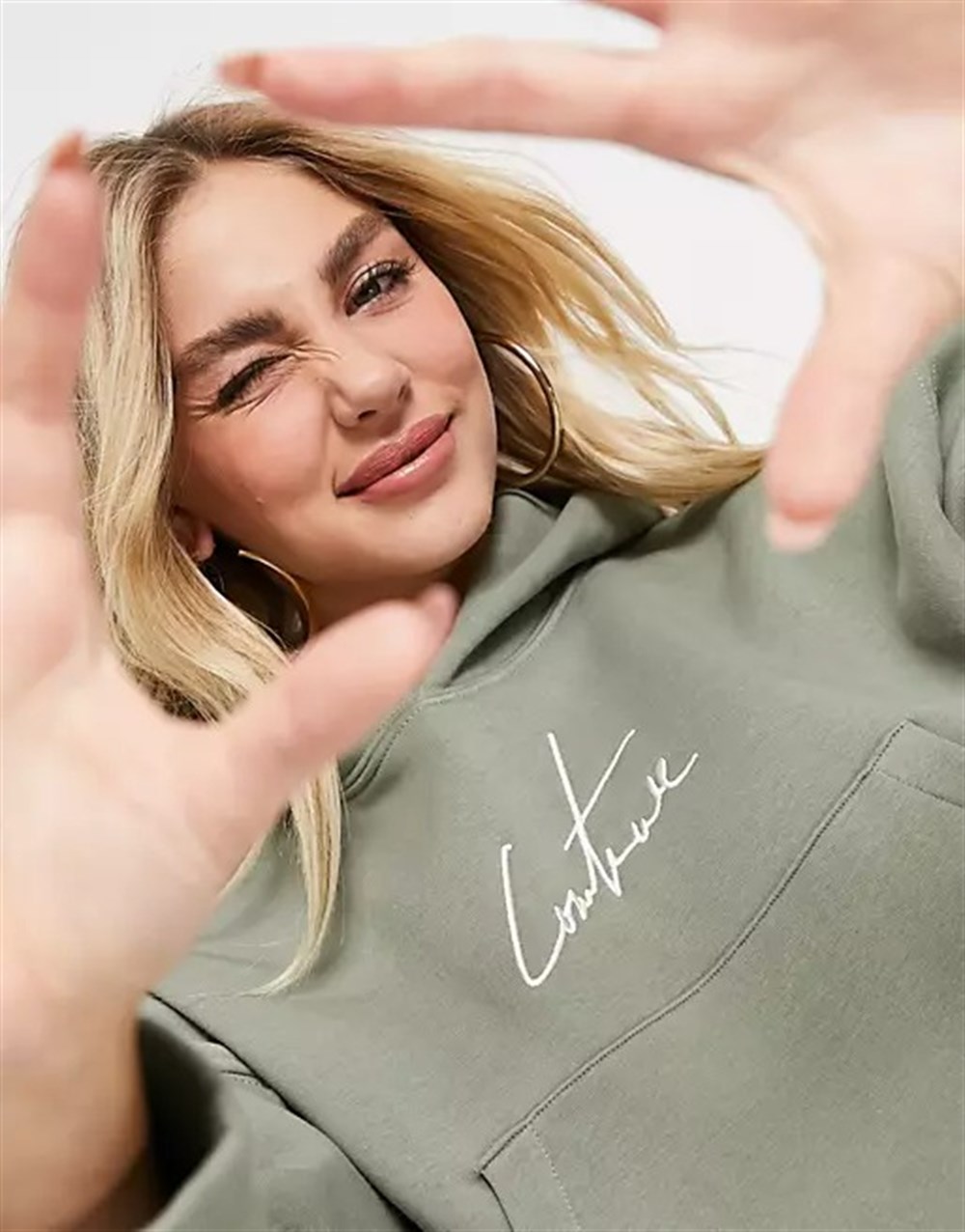 Oversize İmza Nakışlı logolu  Kısa Crop Sweat-Haki