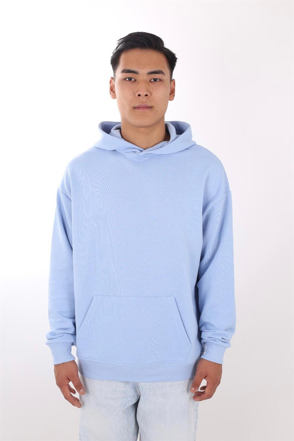 Oversize Kapşonlu Basic Sweat-Mavi Açık