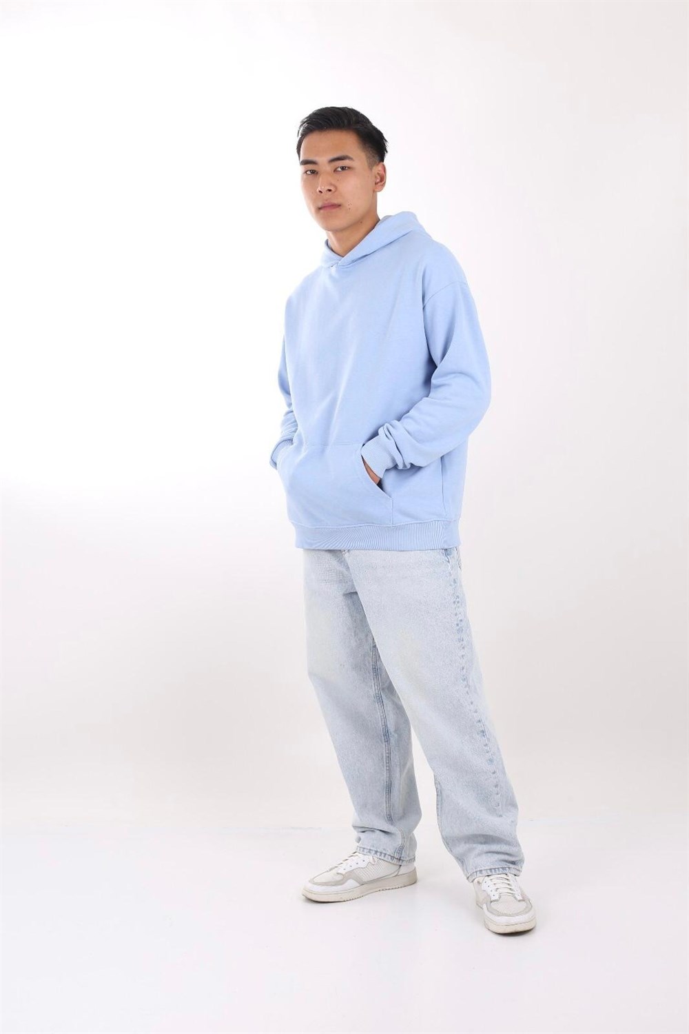 Oversize Kapşonlu Basic Sweat-Mavi Açık