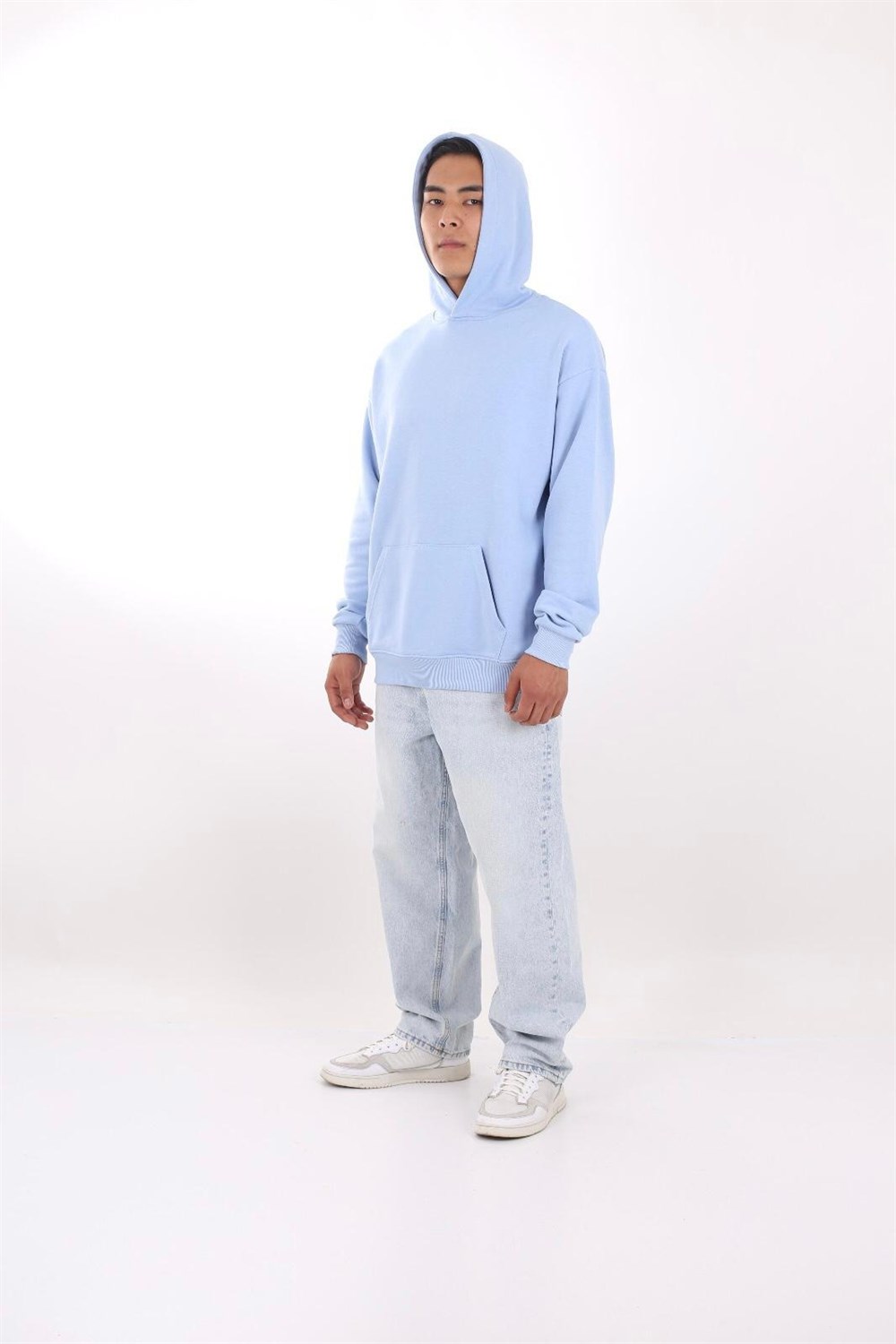 Oversize Kapşonlu Basic Sweat-Mavi Açık