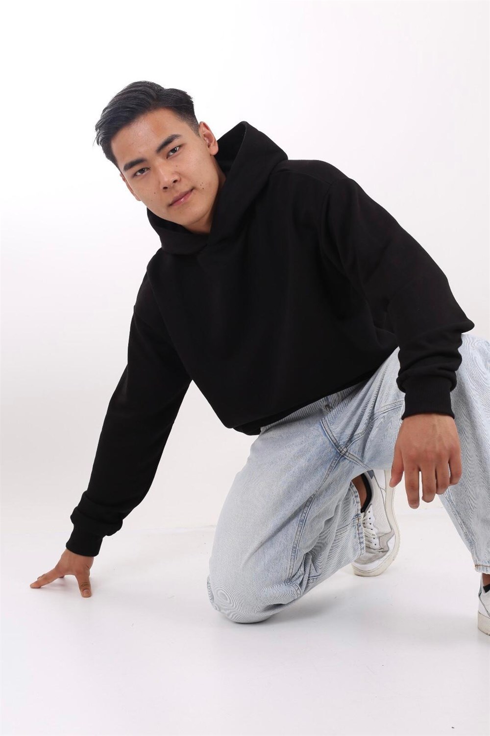 Oversize Kapşonlu Basic Sweat-Siyah