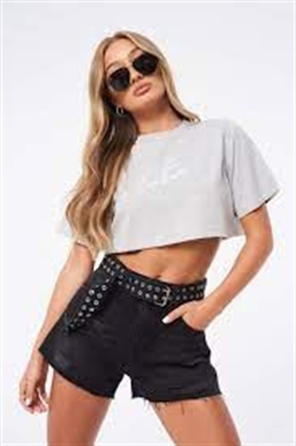 Oversize Kısa Crop T shirt-Gri